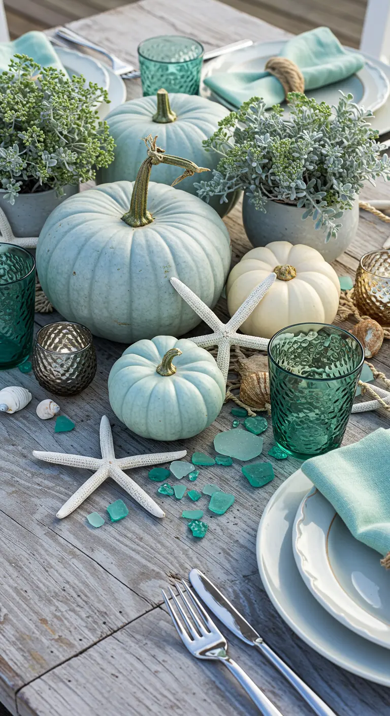 Kust-thema herfsttafel met blauwe pompoenen, zeesterren en zeeglas.