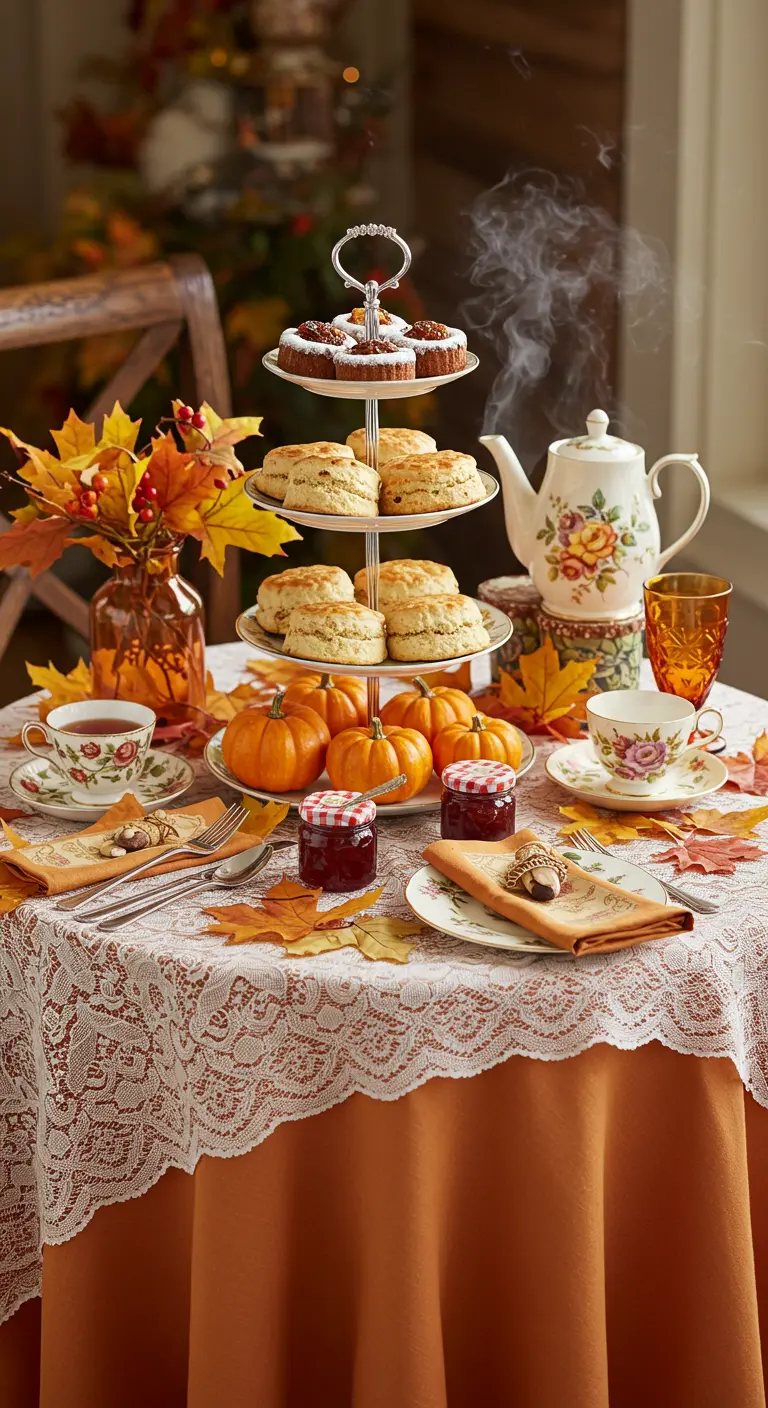 Herfst high tea met een etagère, pompoenen, herfstbladeren en vintage theekopjes.