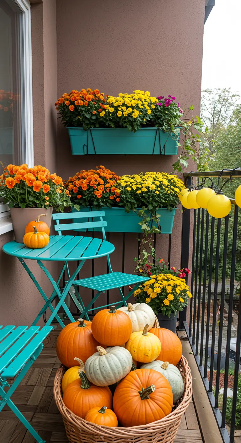 Kleurrijk balkon met een turquoise bistroset en een overvloed aan pompoenen en bloemen.
