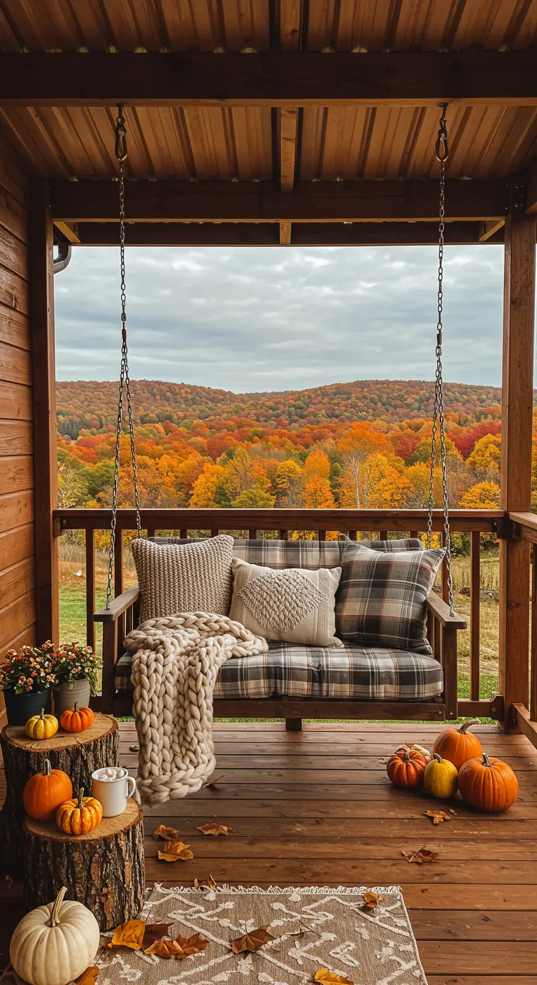 Houten schommelbank op veranda, herfstdecoratie, pompoenen, herfstbomen.