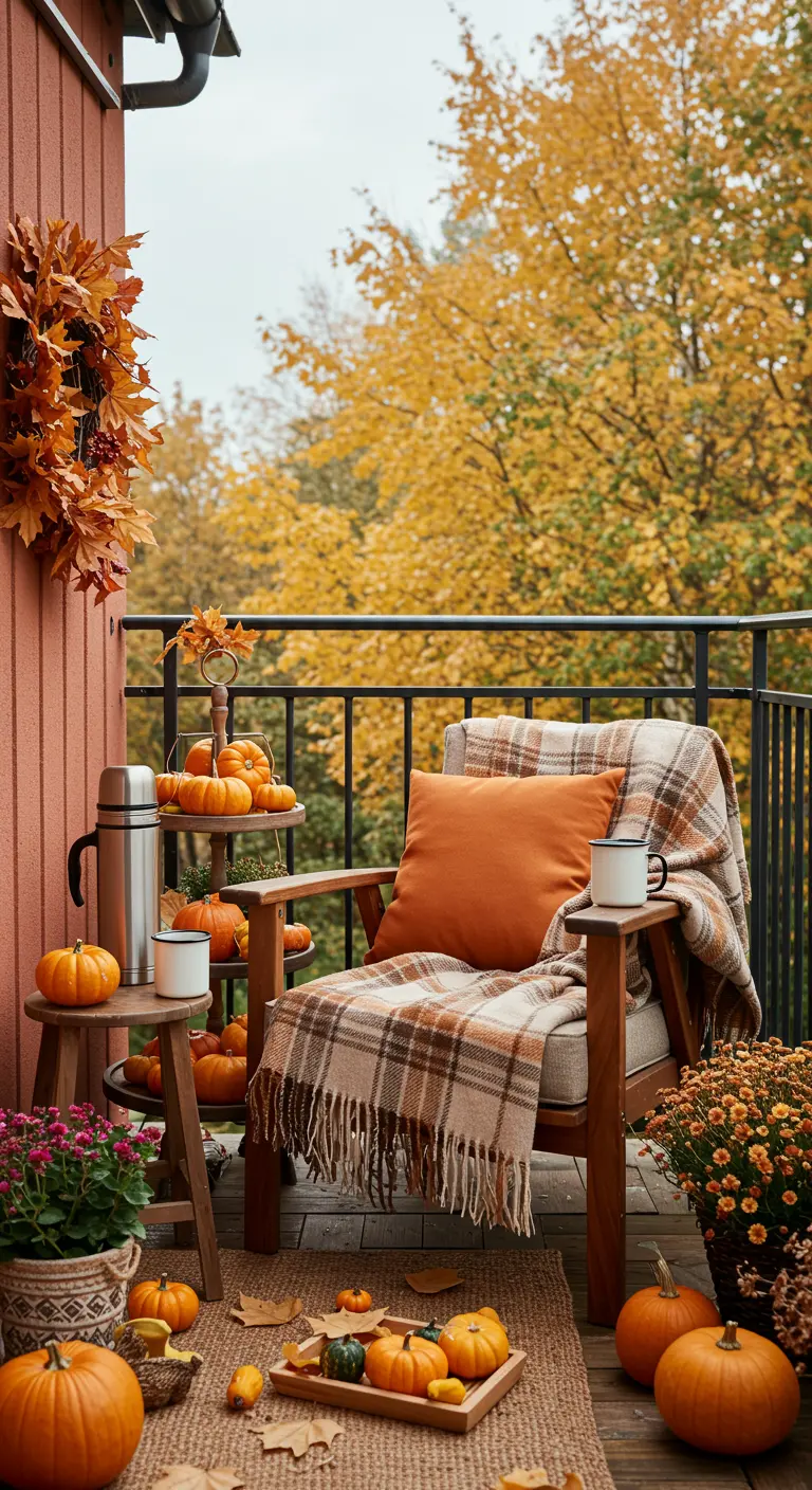 Balkon in herfstsfeer met een houten stoel, geruit plaid, pompoenen en een krans met herfstbladeren.