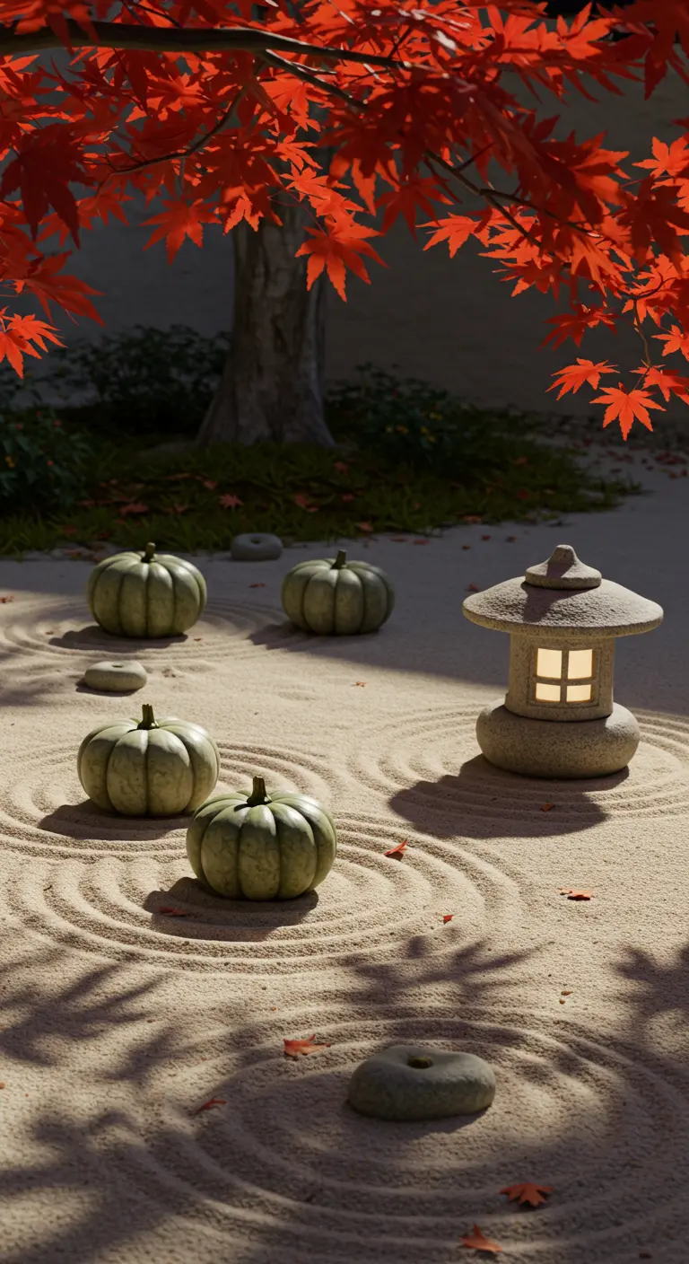 Japanse zentuin met geharkt zand, een stenen lantaarn en groene pompoenen.