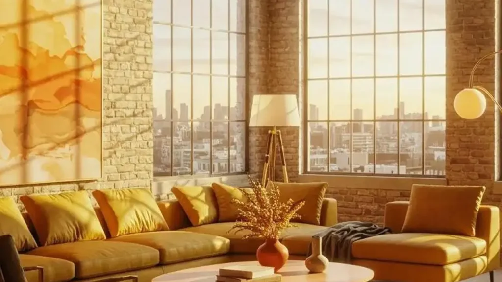 Warme woonkamer met gouden zonsonderganglicht, herfstkleuren op bank en muren, ideale inspiratie voor paletten.