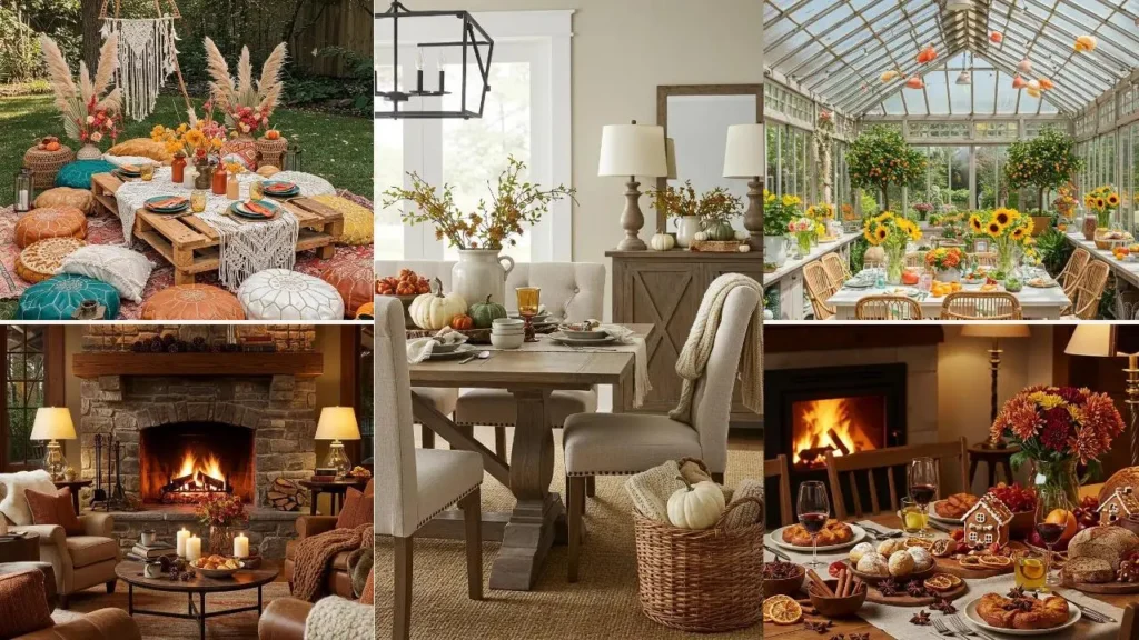 Een collage met warme en sfeervolle herfstdecoratie-ideeën voor een stijlvolle herfstbrunch.