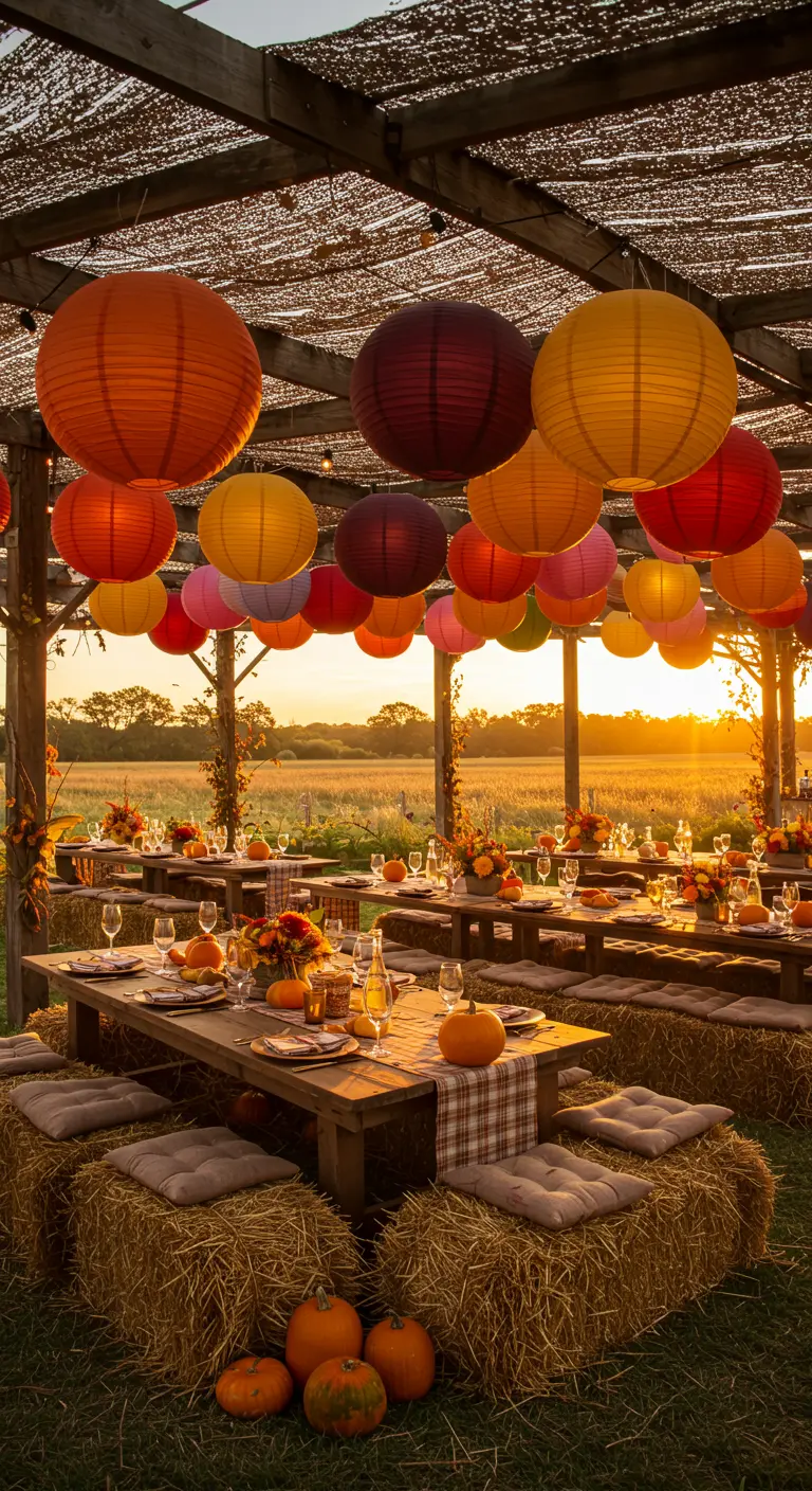 Herfsttafel met pompoenen, hooibalen en oranje lampionnen.