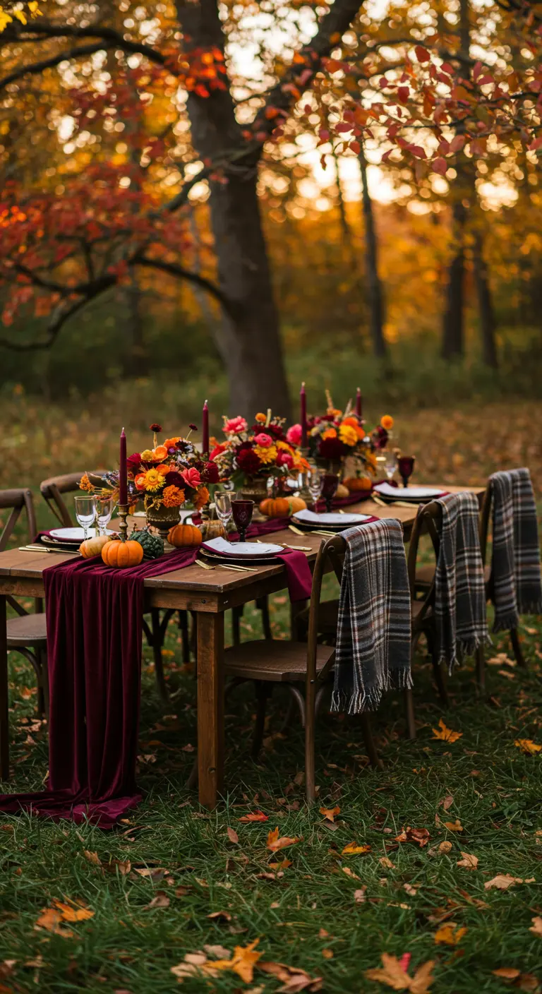 Herfstige dinertafel in het bos met fluwelen loper, pompoenen en geruite plaids.