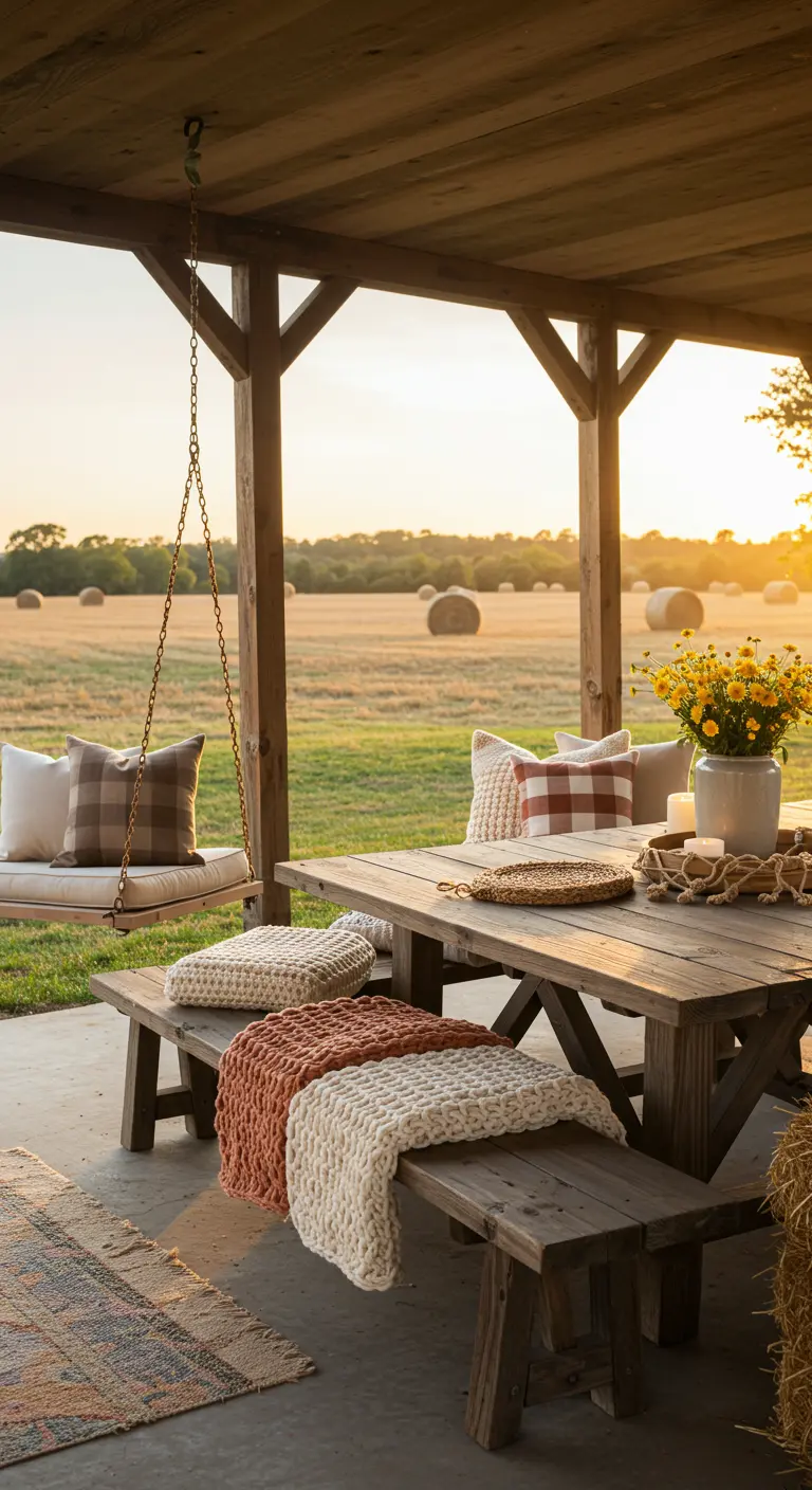 Overdekte patio met schommelbank, picknicktafel, geruite kussens en herfstdecoratie.