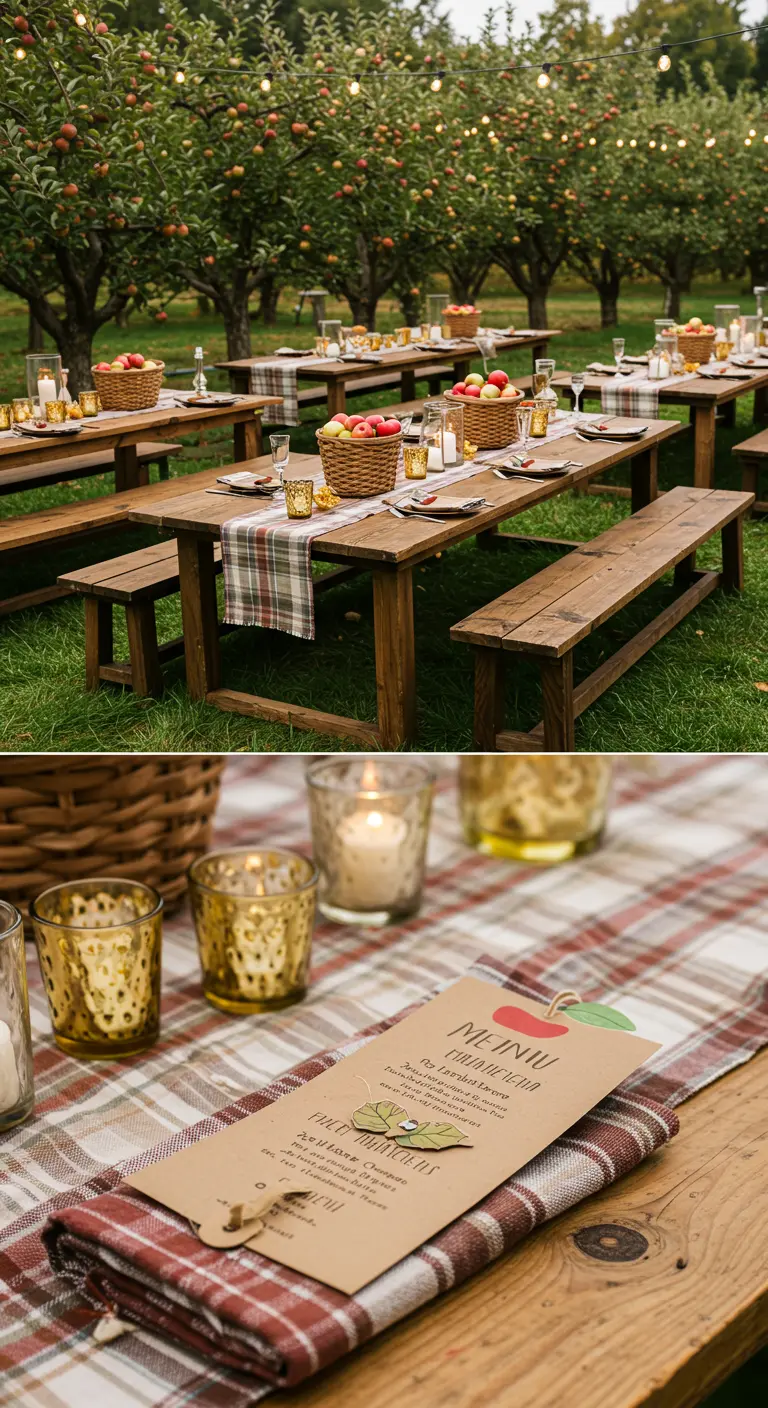 Apple orchard wedding with long wooden tables, plaid runners, baskets of apples, and candles.