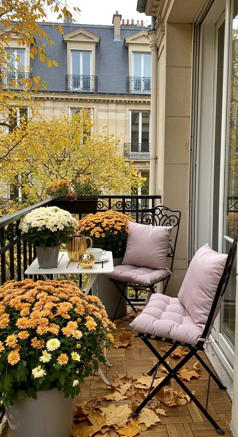 Herfstbalkon met oranje chrysanten, roze kussens en gouden details.