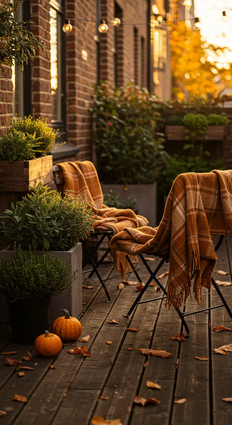 Herfstige stadstuin met oranje plaids op stoelen en pompoenen op de vlonder.