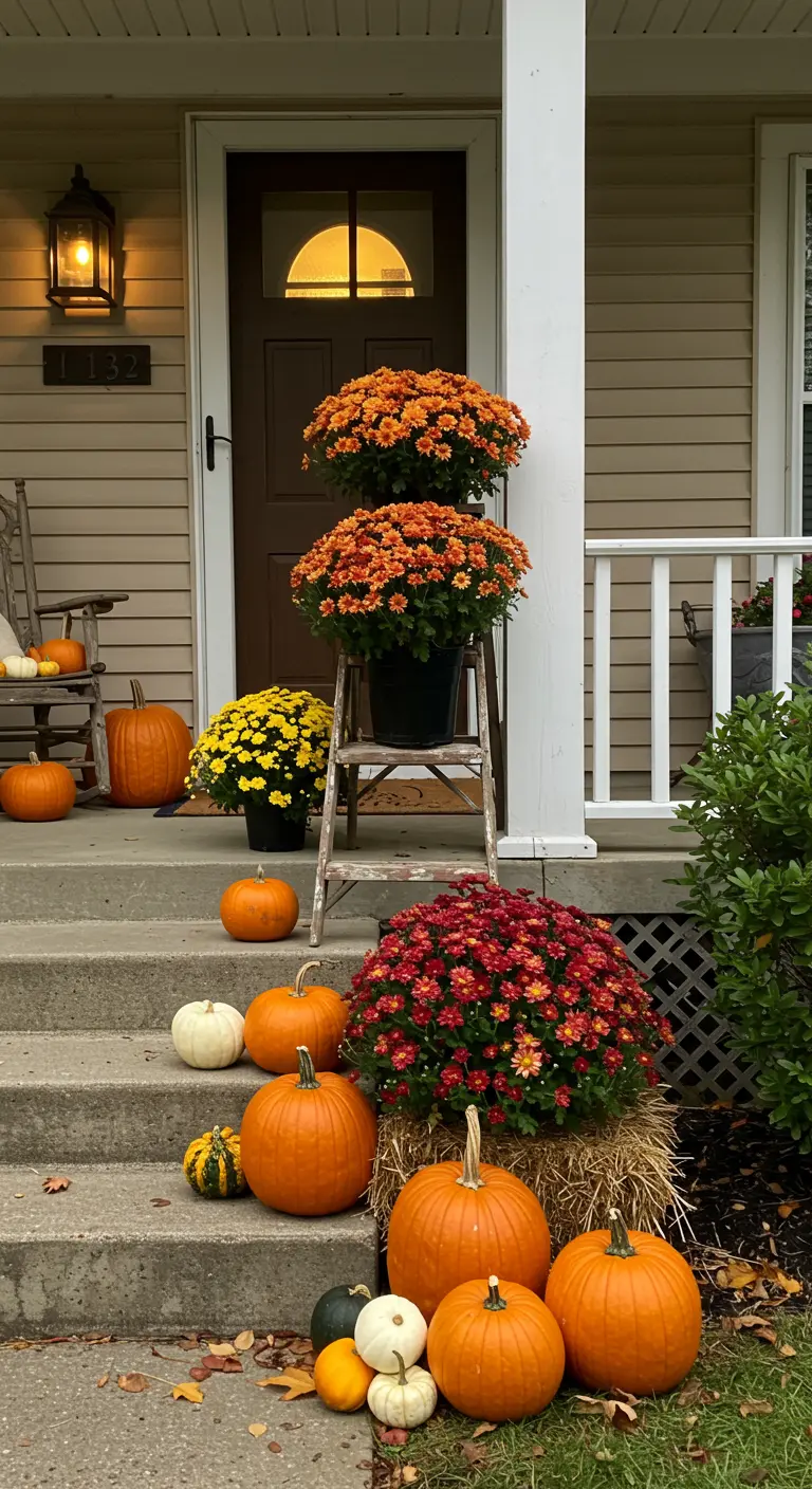 Veranda trap versierd voor de herfst met oranje chrysanten, pompoenen en een baal stro.