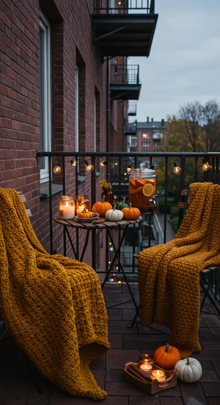 Knus herfstbalkon met gele dekens, pompoenen, kaarsen en een kan met drank.
