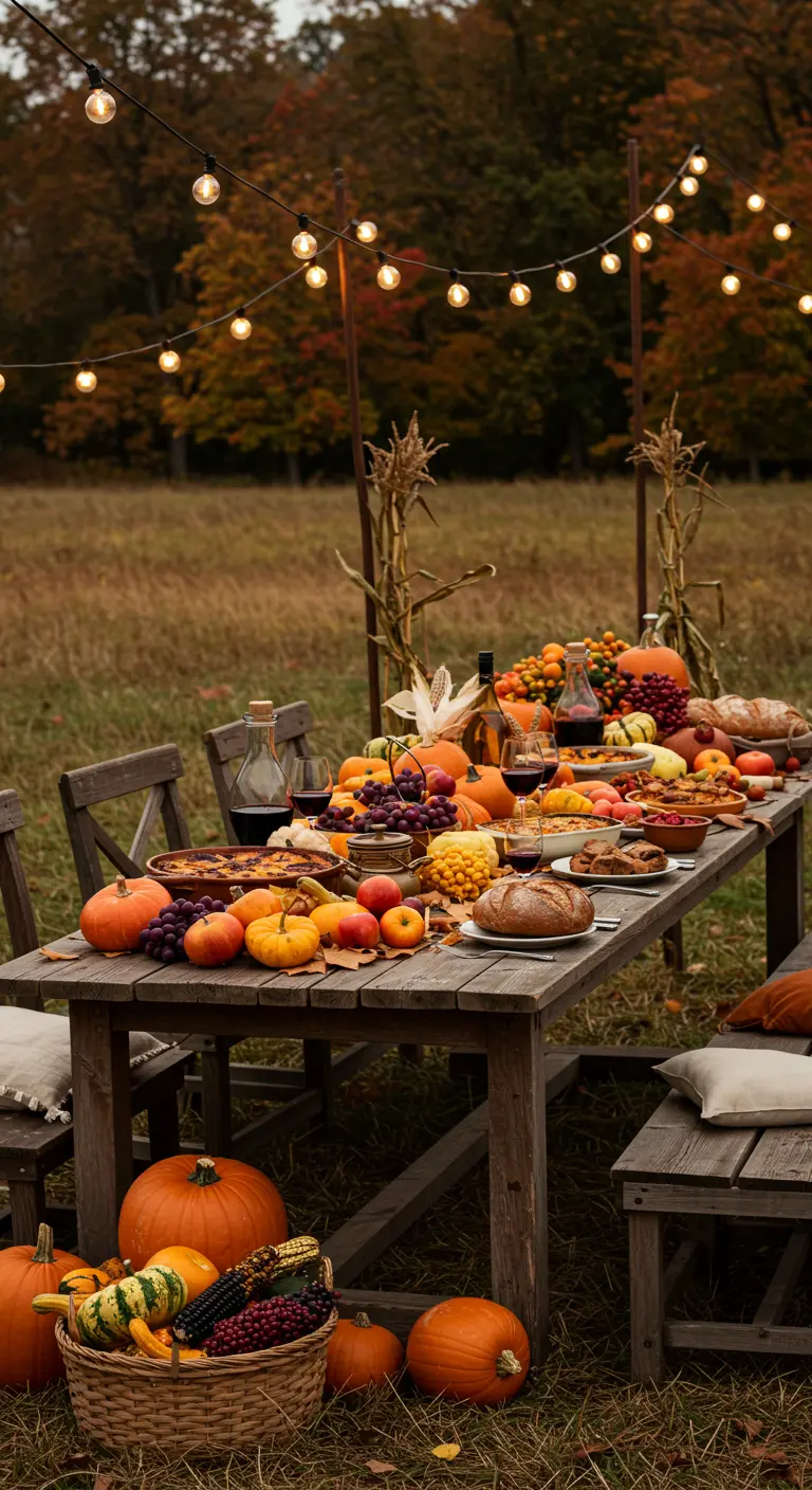Buitentafel in een veld met herfstdecoratie zoals pompoenen, maïs en lichtslingers.
