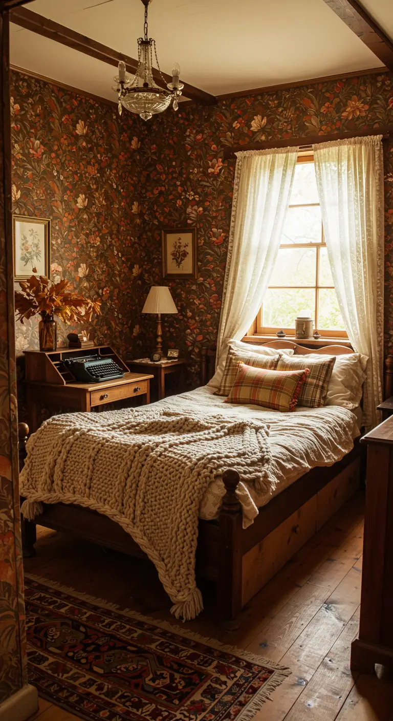 Warme slaapkamer met bruin-oranje bloemenbehang, houten bureau en gebreide deken.