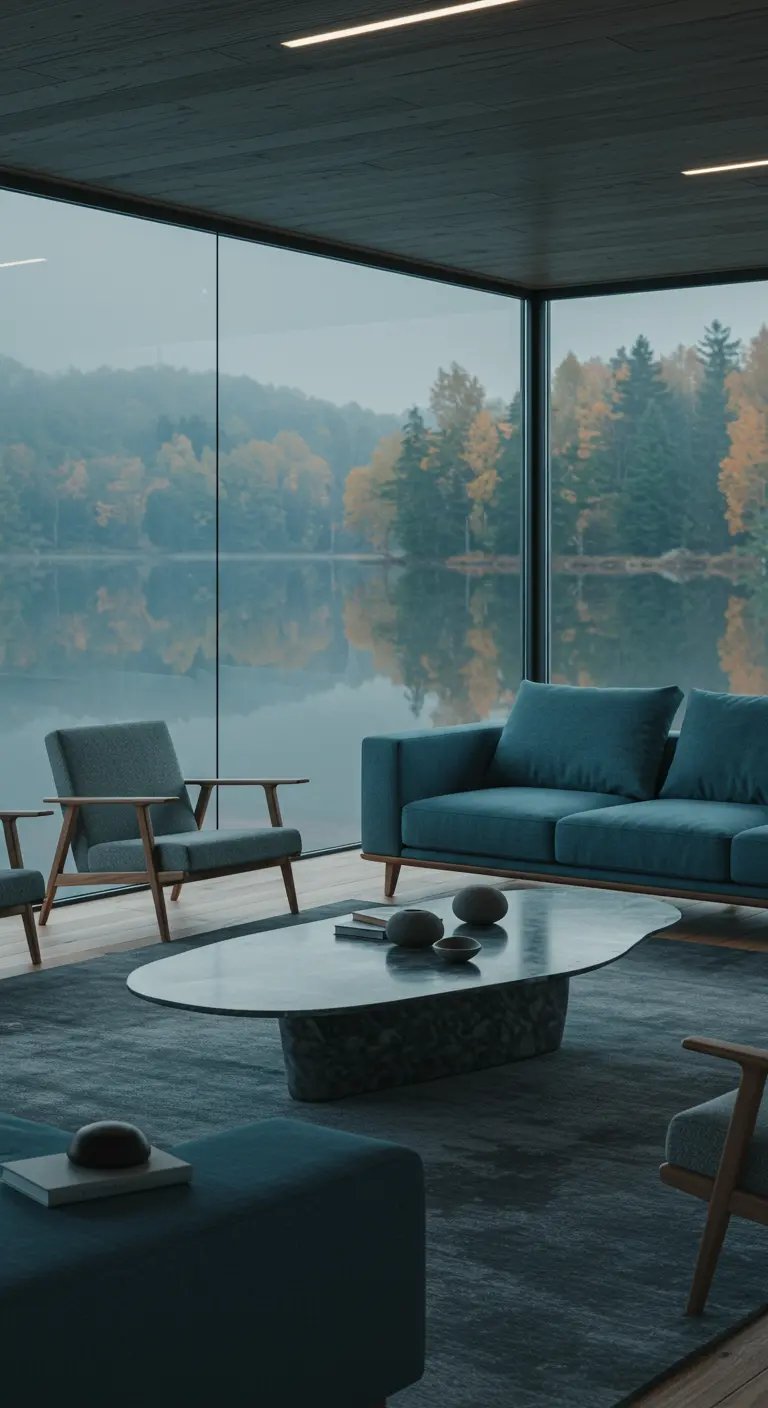 Moderne woonkamer met glazen wanden, uitzicht op herfstmeer, blauwgrijze bank.