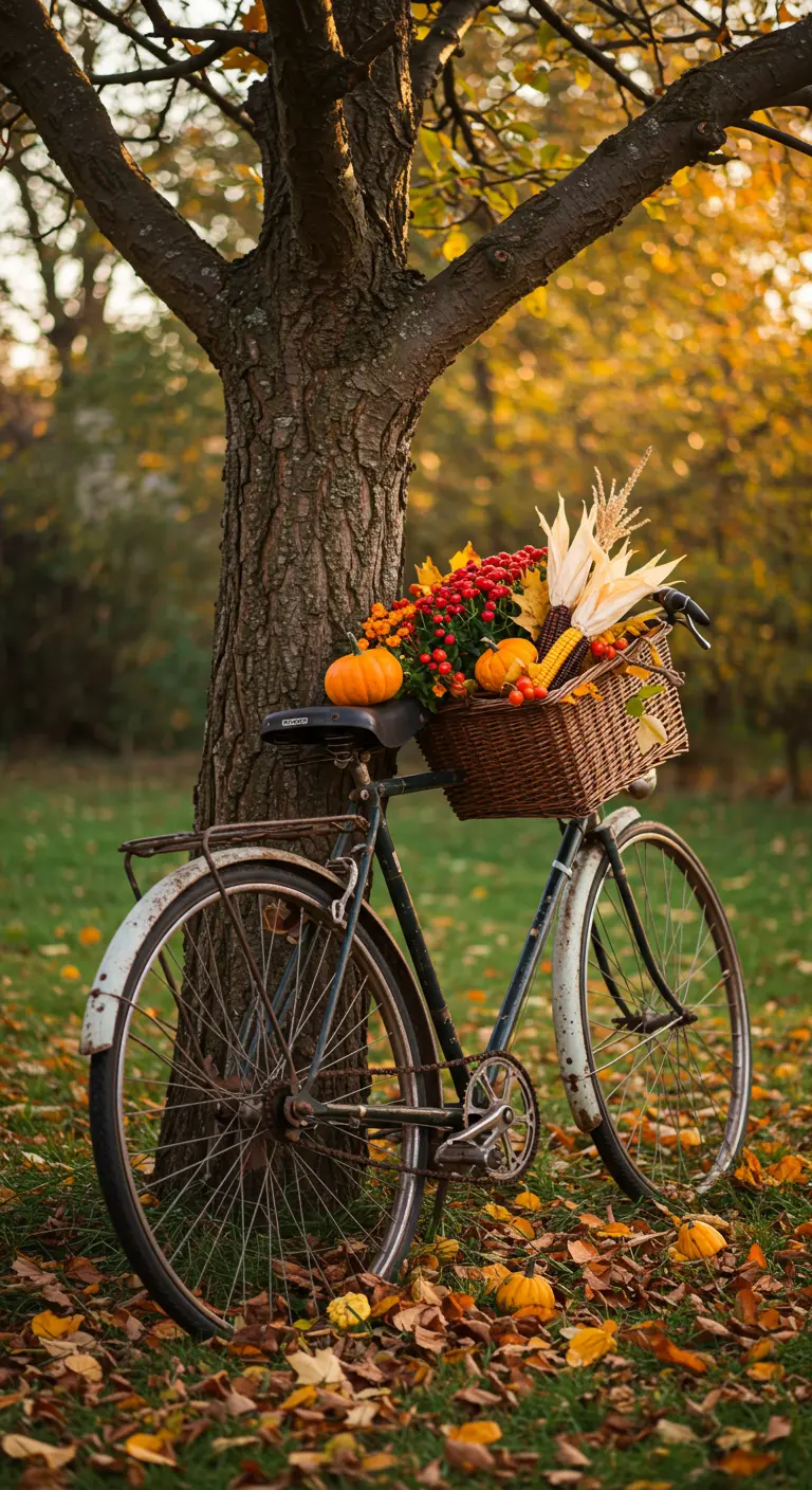 Vintage fiets leunt tegen een boom in de herfst, de mand gevuld met pompoenen en maïskolven.