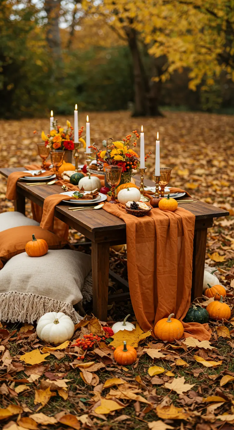 Lage houten tafel in herfstbos met oranje loper, pompoenen en kussens.