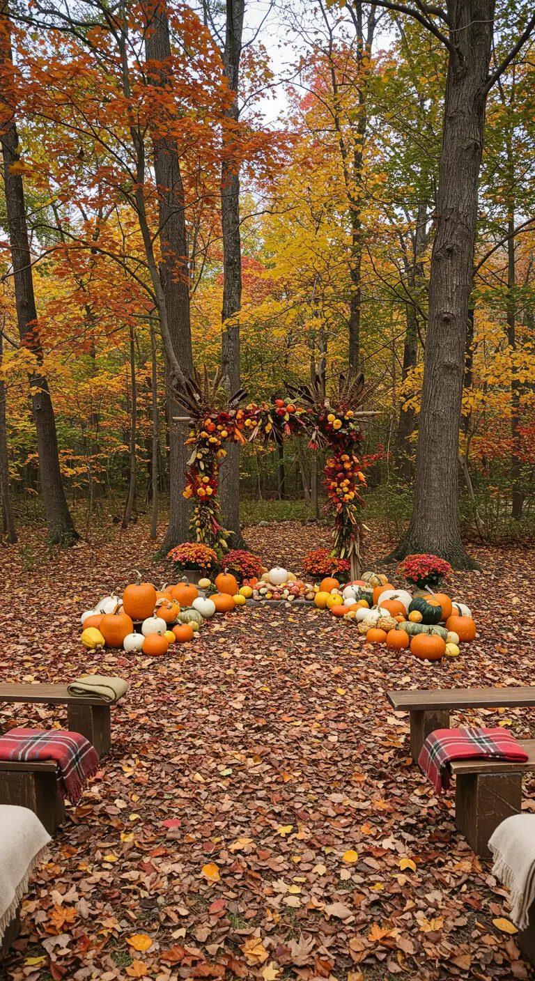 Herfstceremonie in het bos met een altaar van takken en een pad van pompoenen.