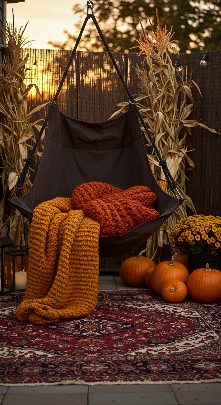 Terras in herfstsfeer met een hangstoel vol dekens, pompoenen en maïsstengels.