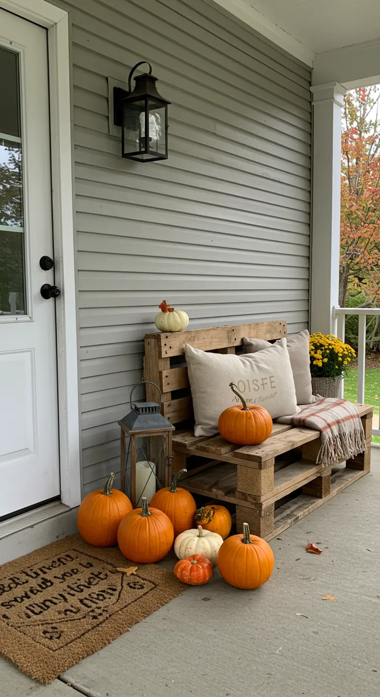 Palletbank op veranda met linnen kussens, een plaid en herfstdecoratie zoals pompoenen.