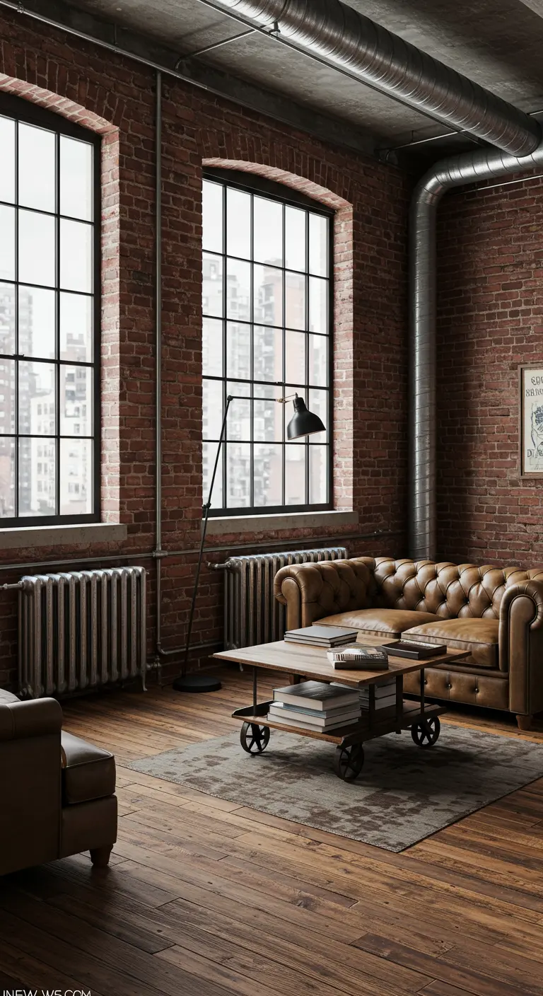 Klassieke industriële woonkamer met houten vloer, leren bank en fabriek ramen.