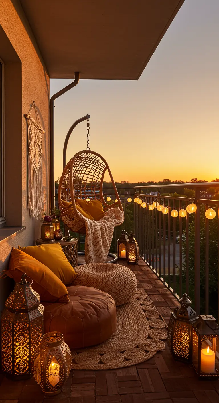 Knus balkon met rotan hangstoel, lantaarns en okergele kussens bij zonsondergang.
