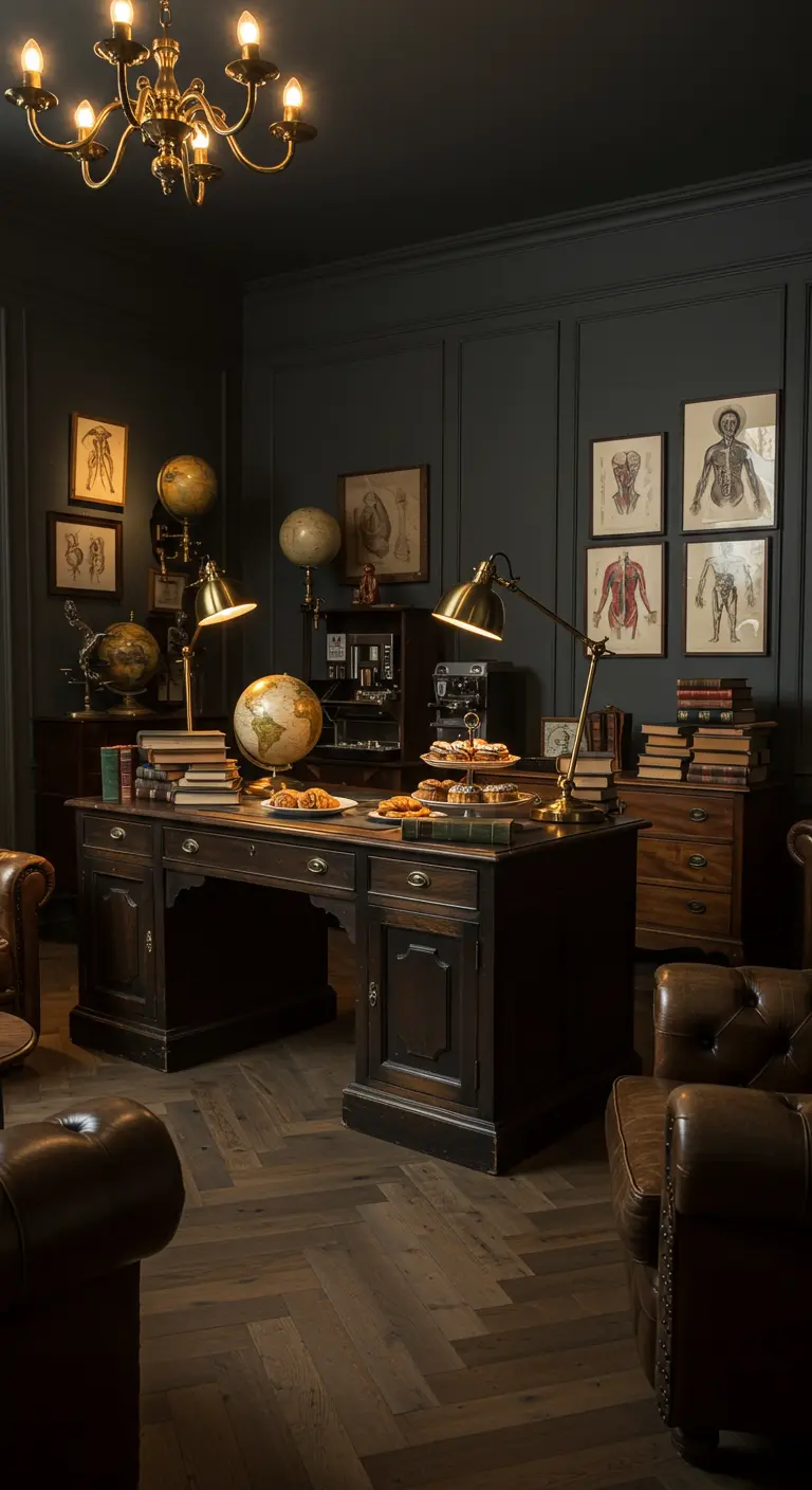 Donkere studeerkamer met een groot bureau, globes en anatomische tekeningen aan de muur.