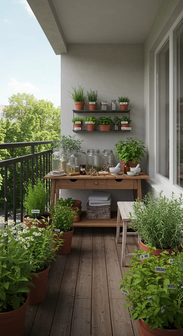 Balkon ingericht als kruidenstation met een werktafel, potten vol kruiden en een vijzel.