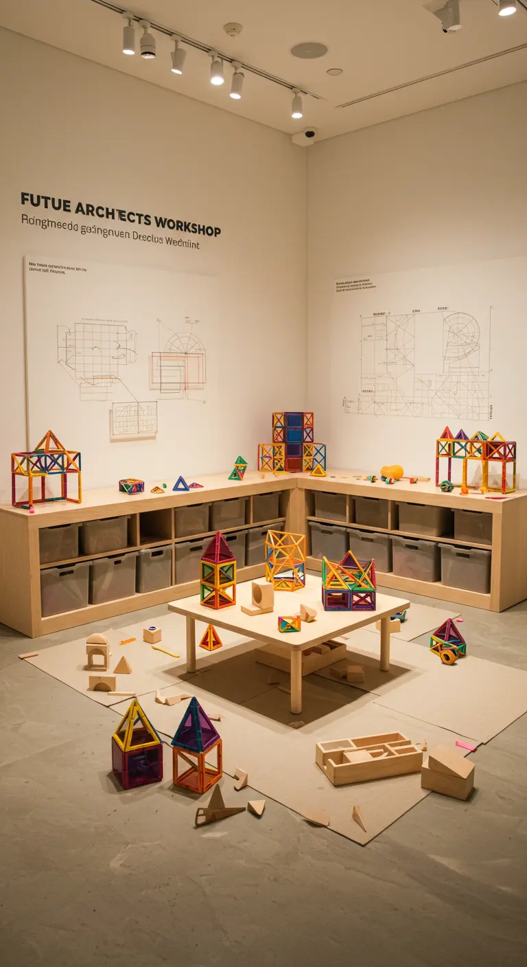 Moderne kinderhoek met houten meubels en constructiespeelgoed voor 'toekomstige architecten'.