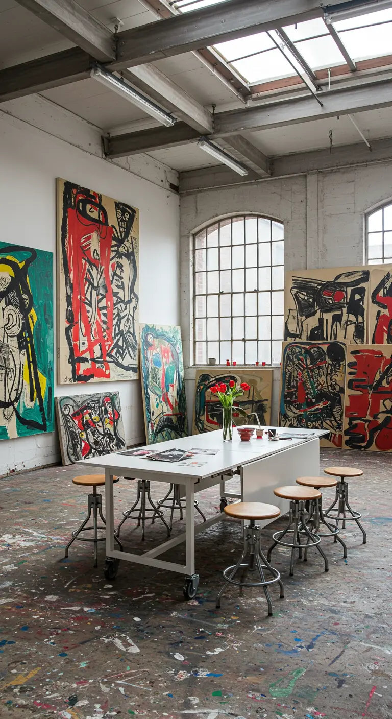 Eetruimte in een kunstenaarsatelier, omringd door grote, abstracte schilderijen.