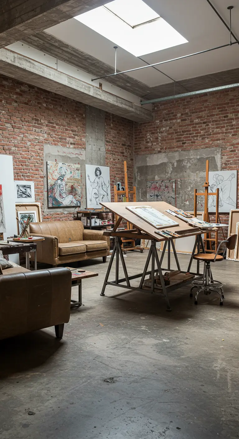 Artistieke loft ingericht als atelier met schildersezels en leren banken.