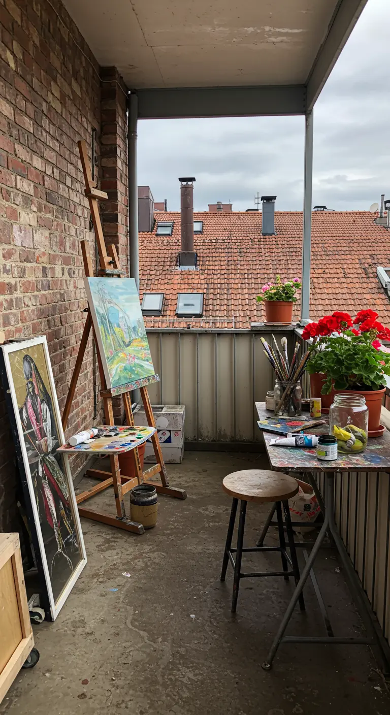 Balkon als schildersatelier met ezel, verf, kwasten en potten met rode geraniums.