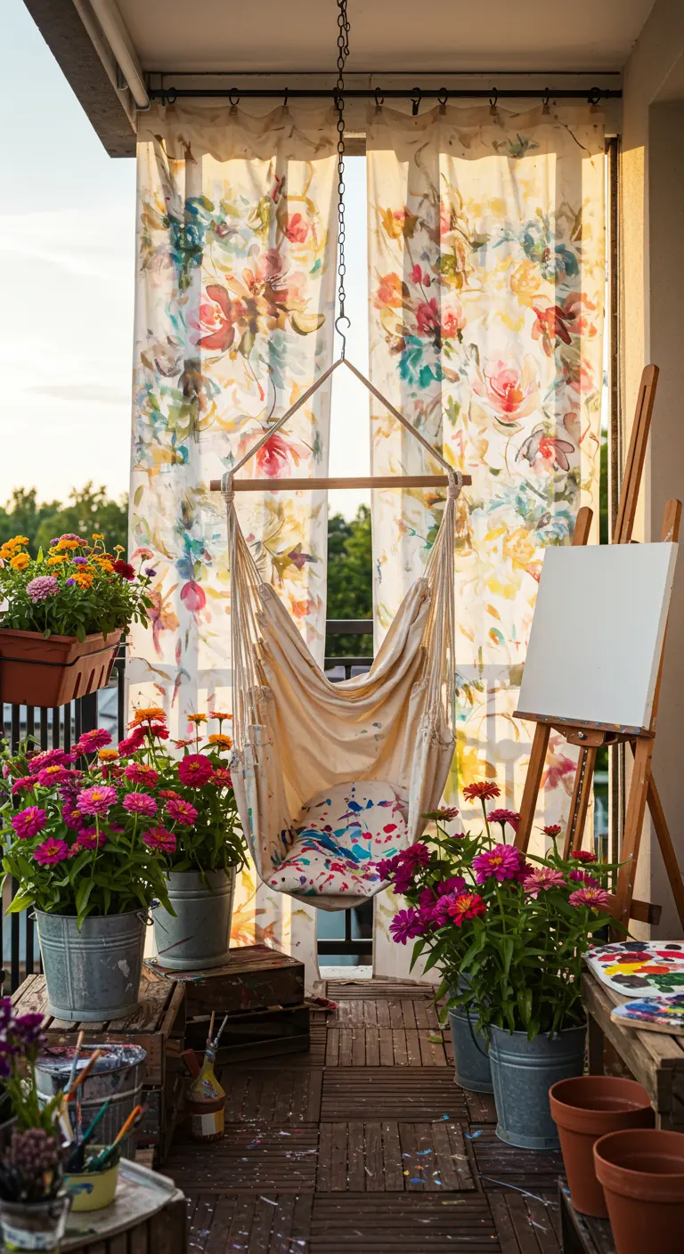 Balkon met hangmatstoel, kleurrijke bloemengordijnen, potten met zinnia's en een schildersezel.