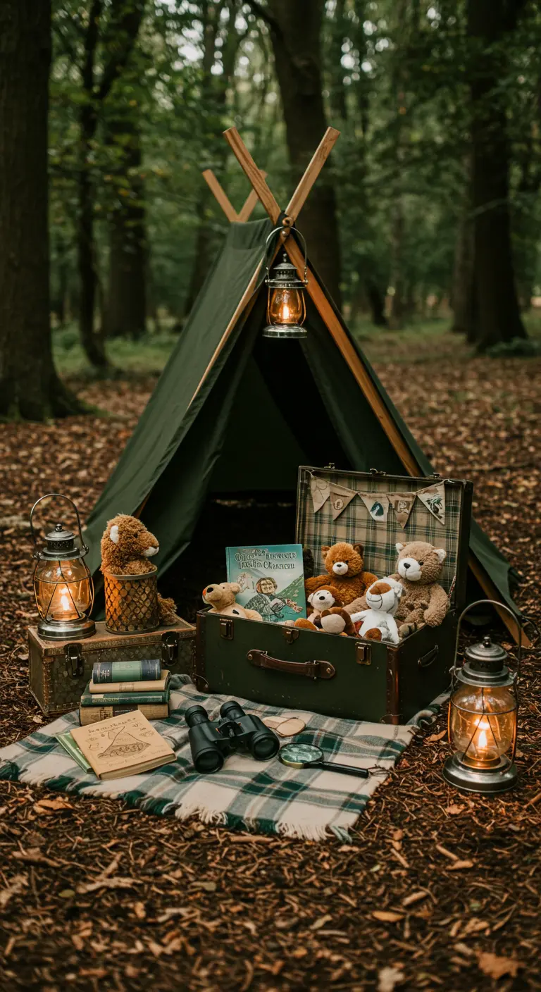 Kinderhoek in bosthema met een donkergroene tent, lantaarns en een koffer vol beren.