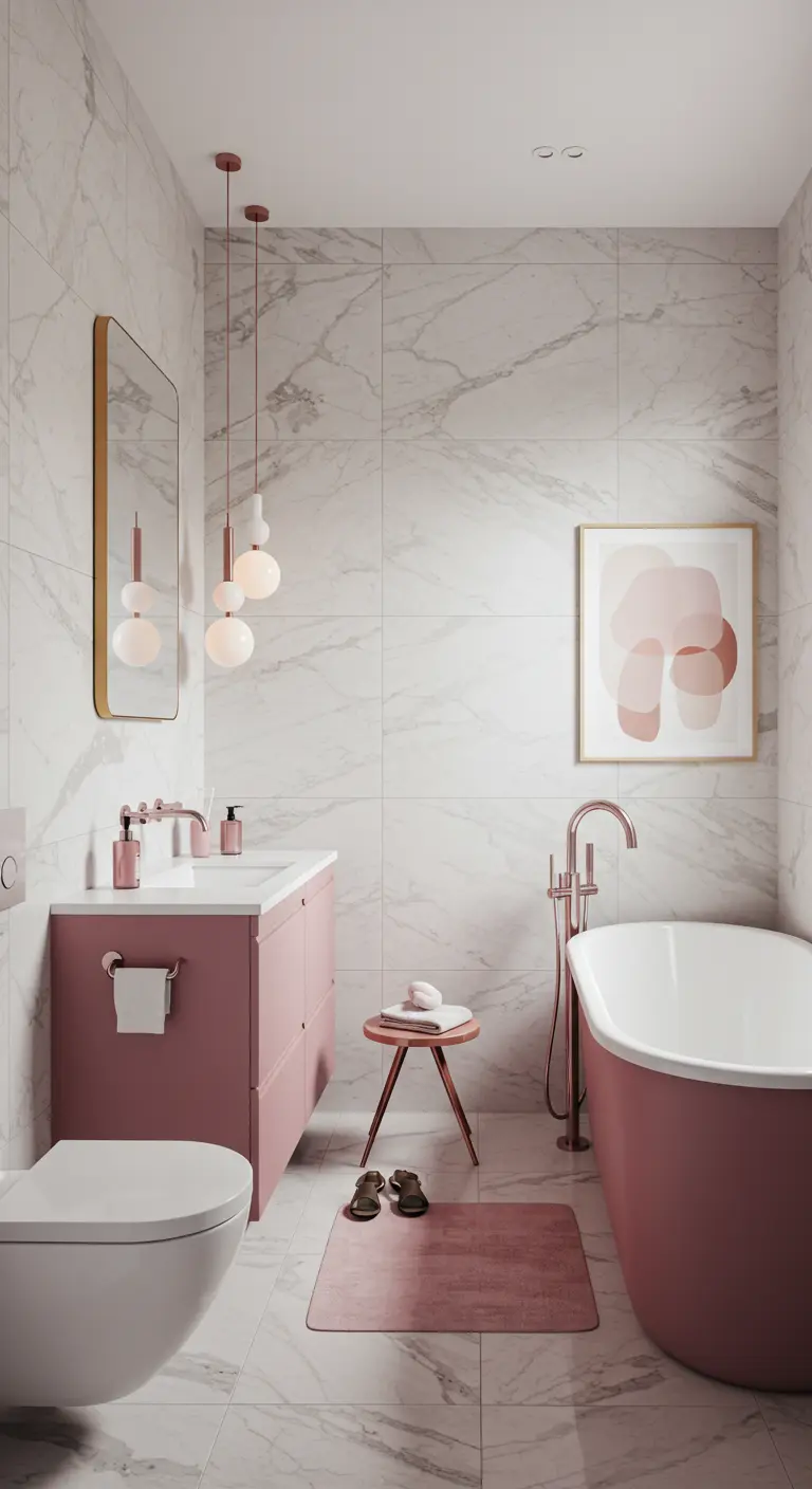 Badkamer met witte marmeren muren, een roze vrijstaand bad en een roze wastafelmeubel.