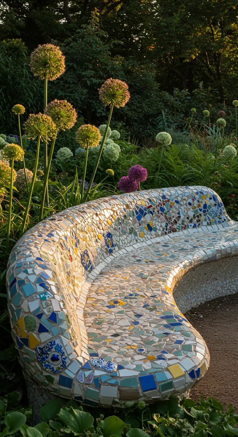 Gebogen tuinbank bekleed met een kleurrijk mozaïek van gebroken tegels in de avondzon.