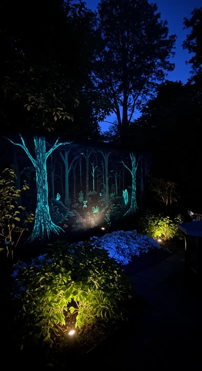 Tuin 's nachts met een muurschildering van een bos die oplicht in het donker