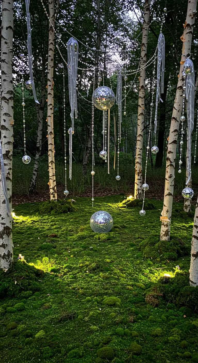 Discoballen en zilveren slingers hangen tussen berkenbomen in een bos.
