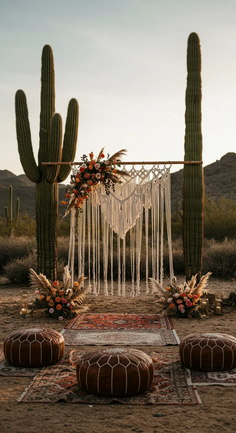 Macramé ceremonieboog in een woestijnlandschap met poefs en bloemstukken.