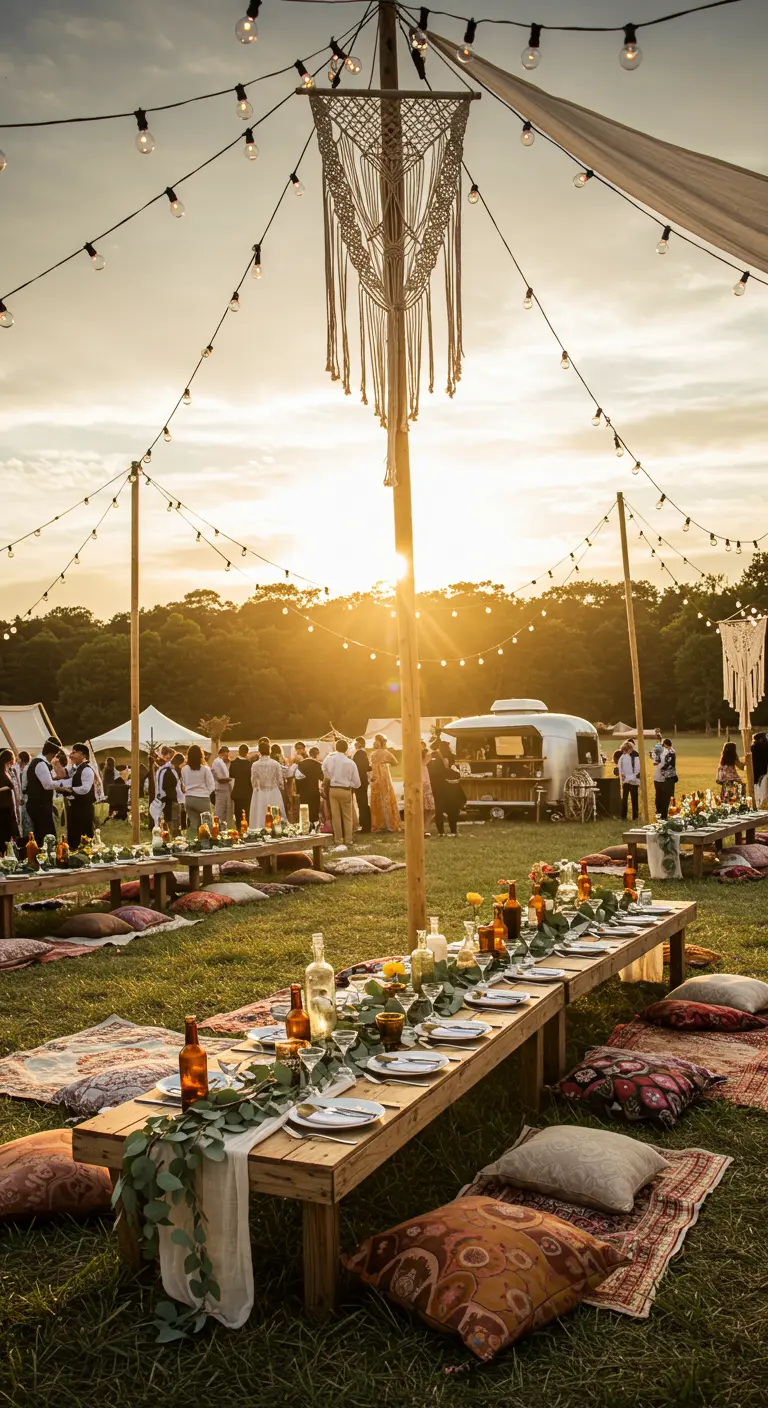 Bohemian bruiloftsfeest met lage tafels, kussens en lichtslingers bij zonsondergang.