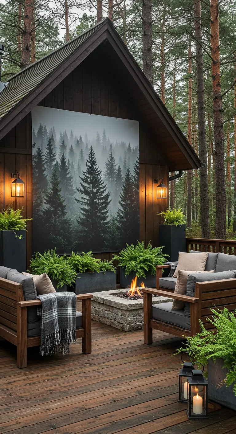 Houten terras met vuurkorf en een extra grote poster van een mistig dennenbos.