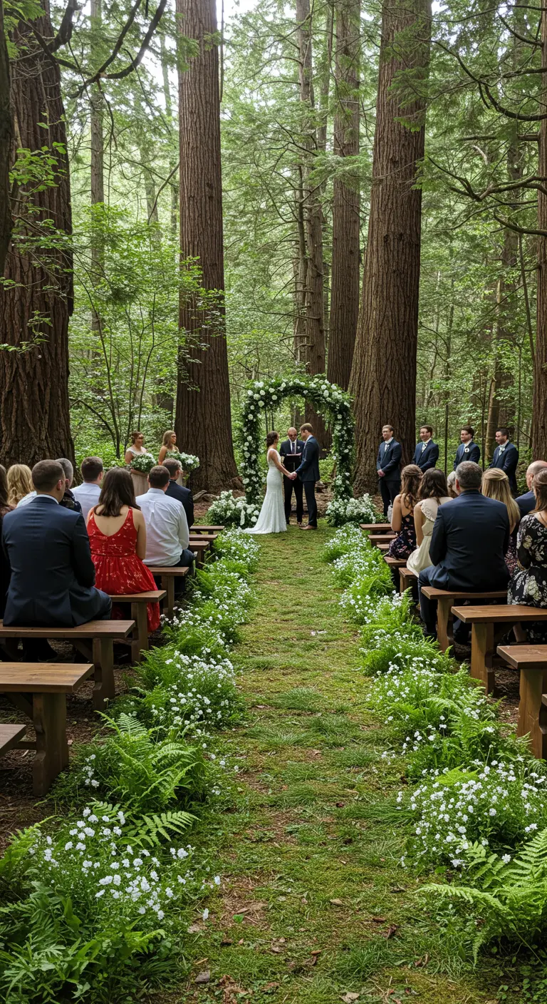 Bruiloftsceremonie in een bos met een gangpad van varens en witte bloemen.