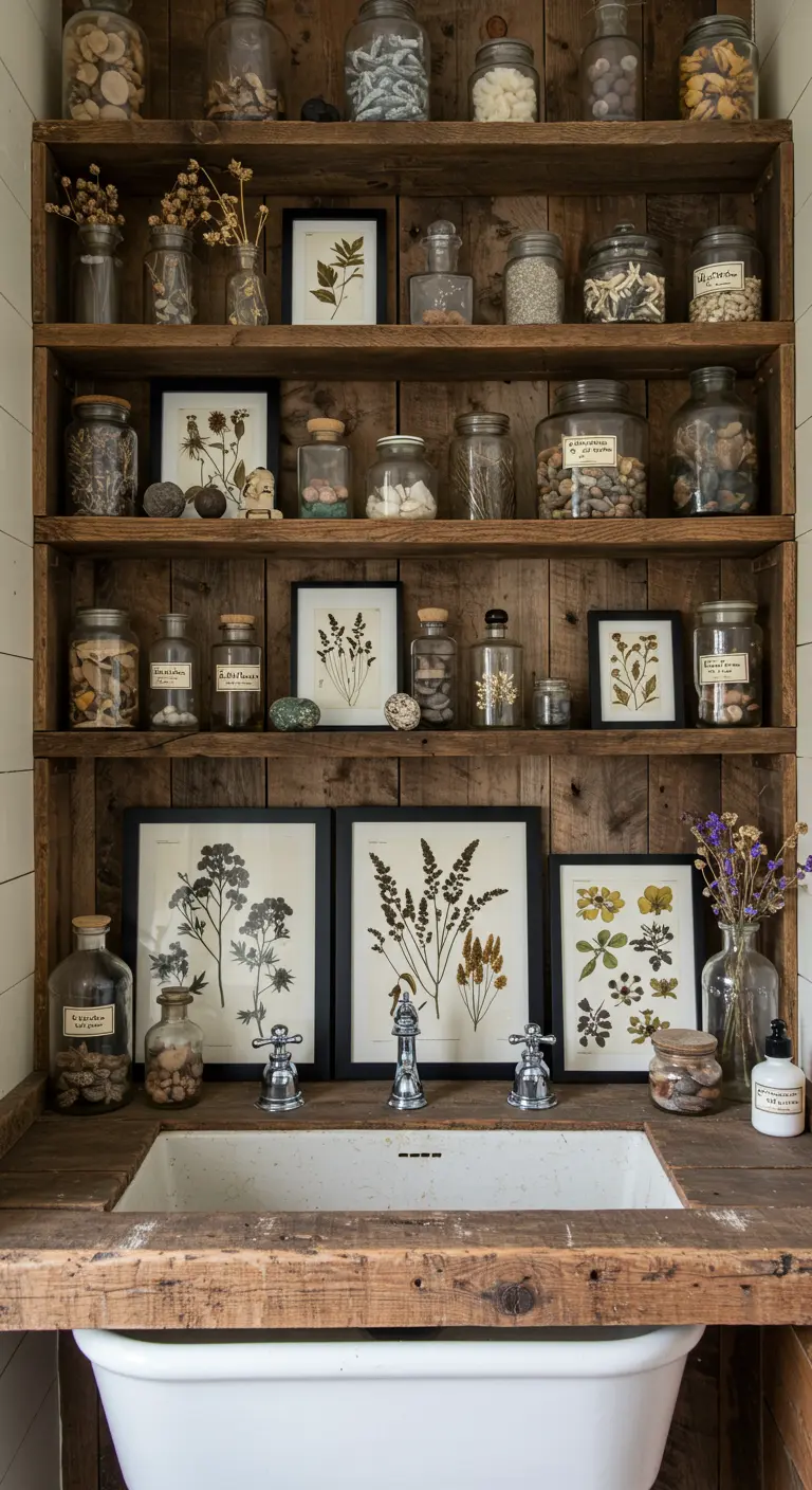 Houten planken boven een wasbak, gestyled met apothekerspotten en botanische prints.