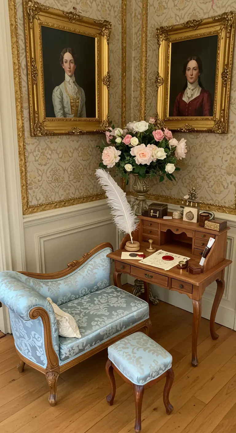 Elegante kinderhoek met een antiek bureau, een chaise longue en een ganzenveer.