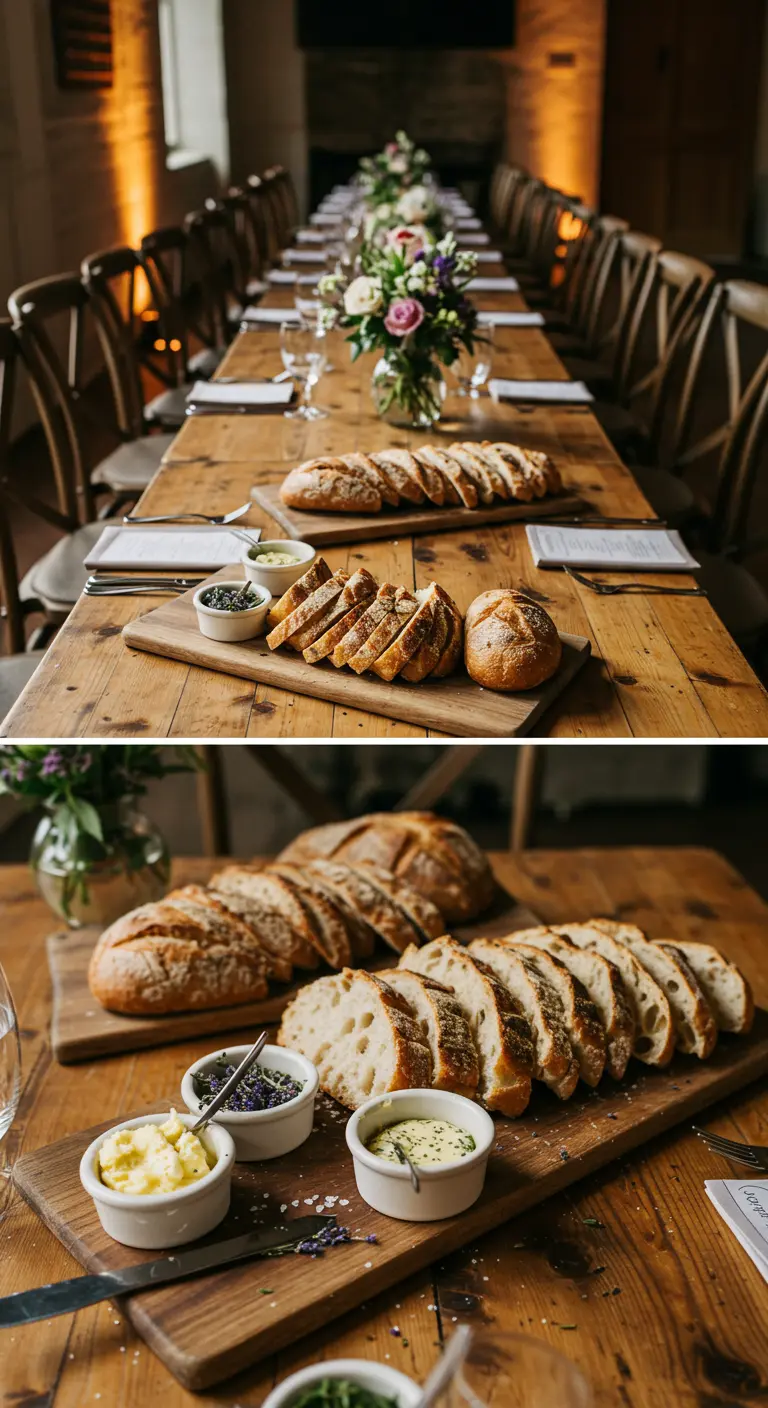 Houten planken met gesneden brood en verschillende soorten boter als centerpiece.