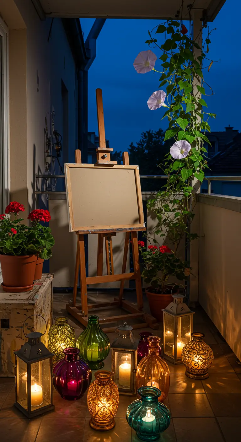 Balkon met een schildersezel, omringd door een collectie kleurrijke glazen lantaarns.