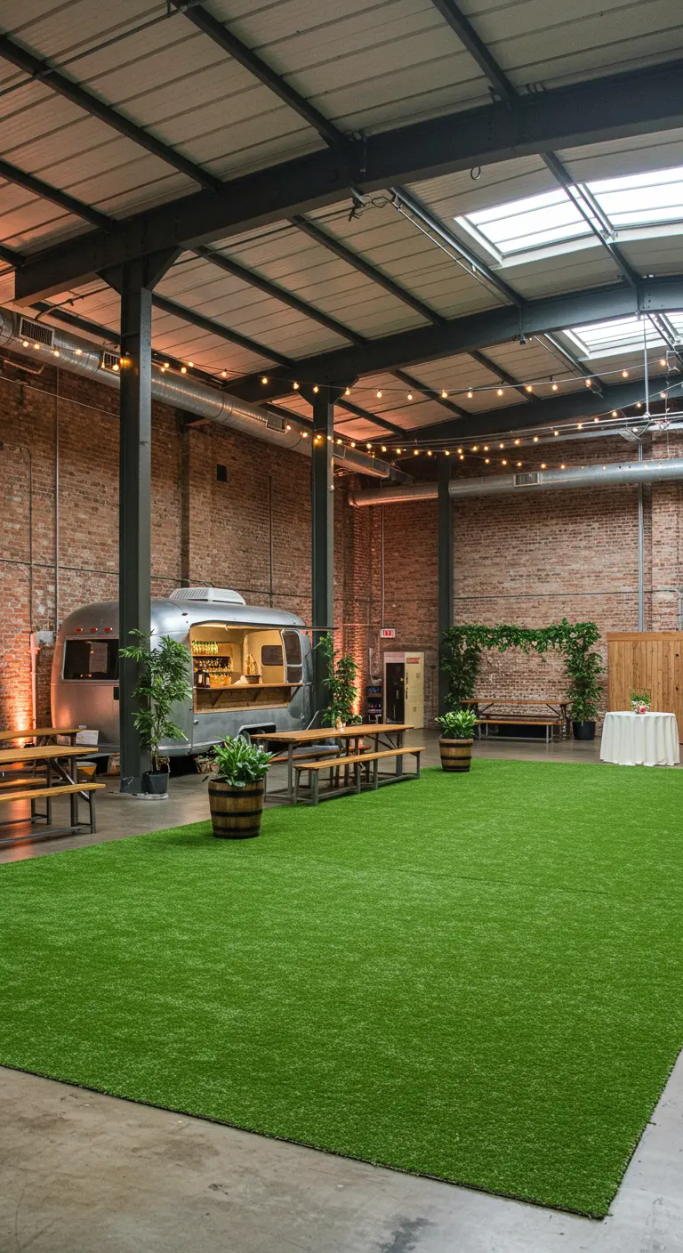 Industriële ruimte met kunstgras, picknicktafels en een foodtruck als bar.