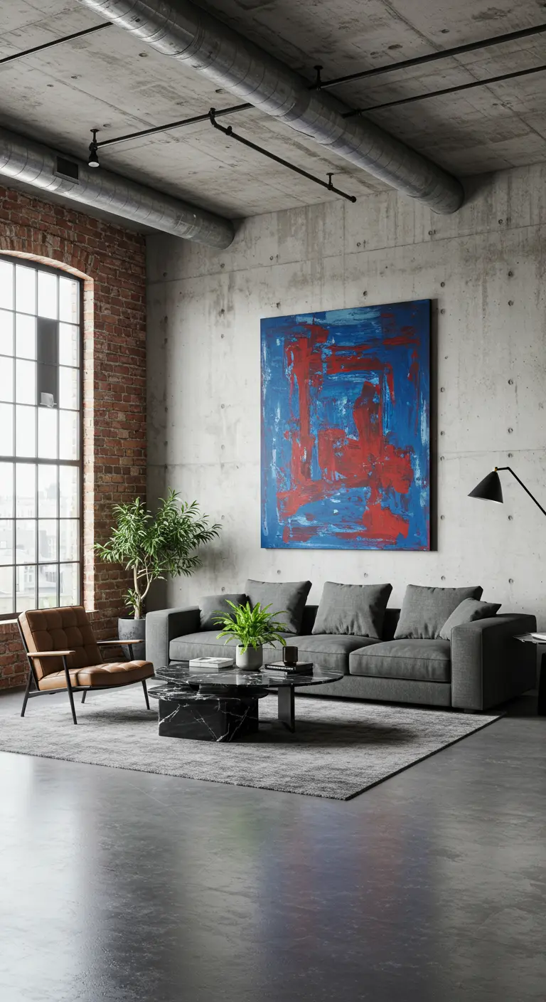 Moderne loft met betonnen muur, grijze bank en een groot abstract schilderij in rood en blauw.
