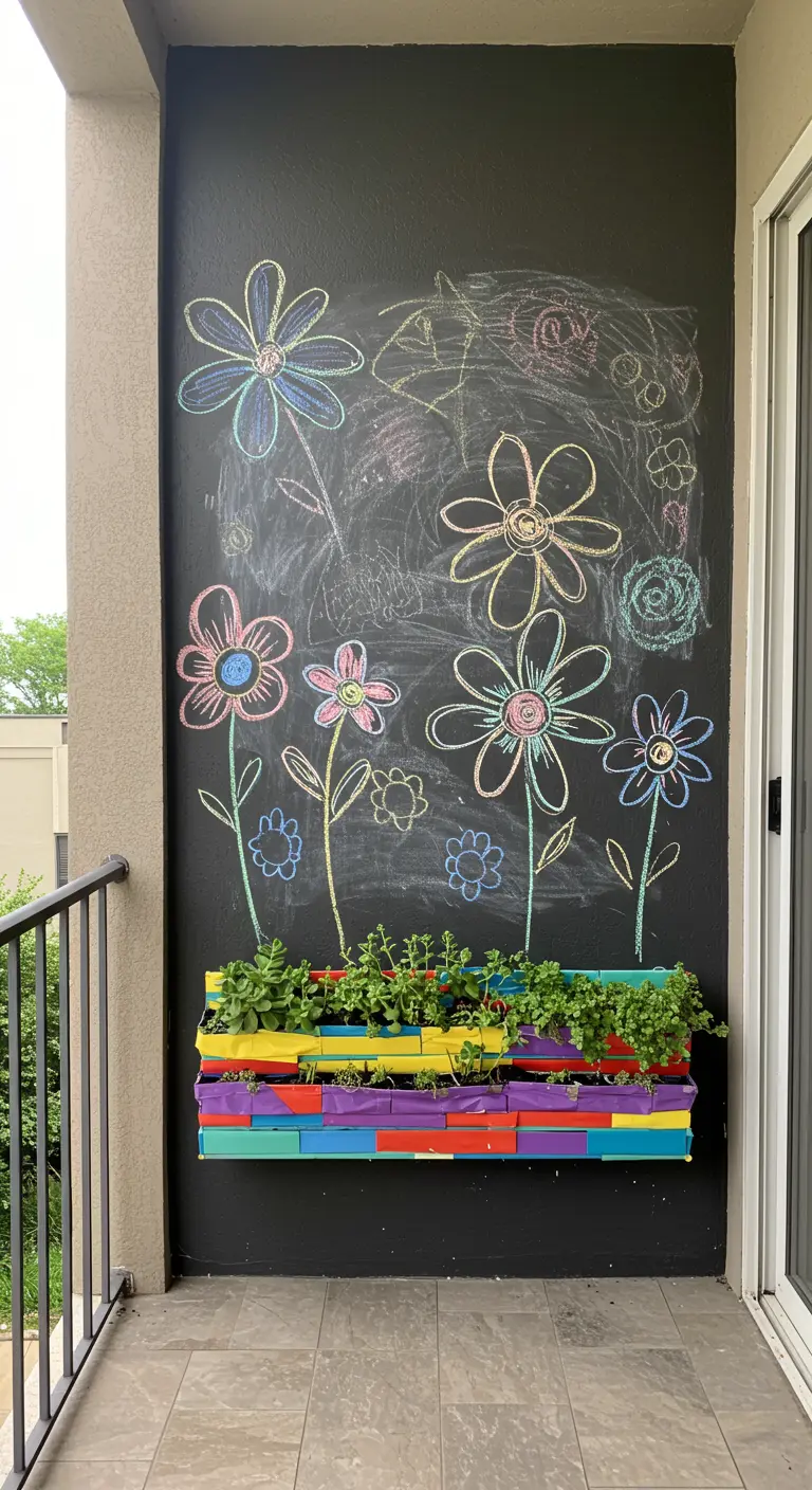 Schoolbordmuur met krijttekeningen van bloemen, onder een kleurrijke plantenbak.