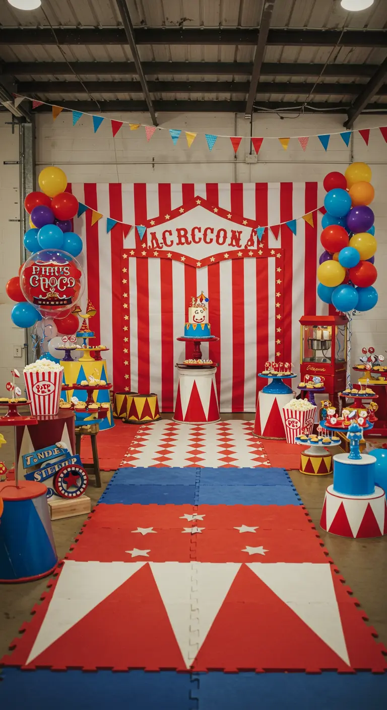 Rood-wit gestreepte backdrop voor een kinderfeest met circusthema.